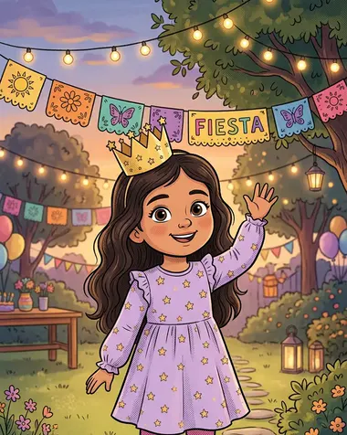 Niña convertida en caricatura, con corona, para su invitación de cumpleaños