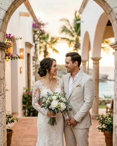 Foto real de una pareja de novios, retocada, como sale dentro de su invitación de boda