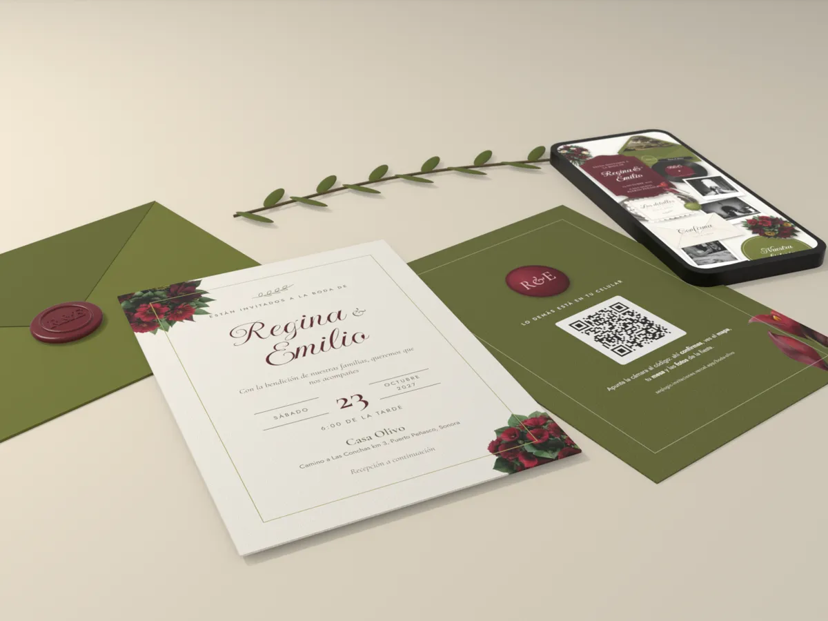 Una invitación de boda impresa en tarjeta crema con flores color vino, su reverso verde olivo con código QR, un sobre con sello de lacre y un celular con la misma invitación digital