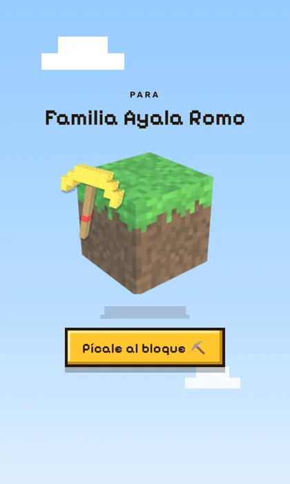 Invitación digital de cumpleaños de cubos en 3D: un bloque de pasto que flota con un pico de oro encima y el botón «Pícale al bloque»