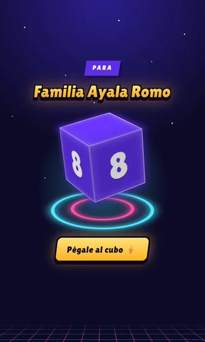 Invitación digital de cumpleaños estilo videojuego de bloques en 3D: un cubo de energía morado con el número 8, girando sobre aros de neón