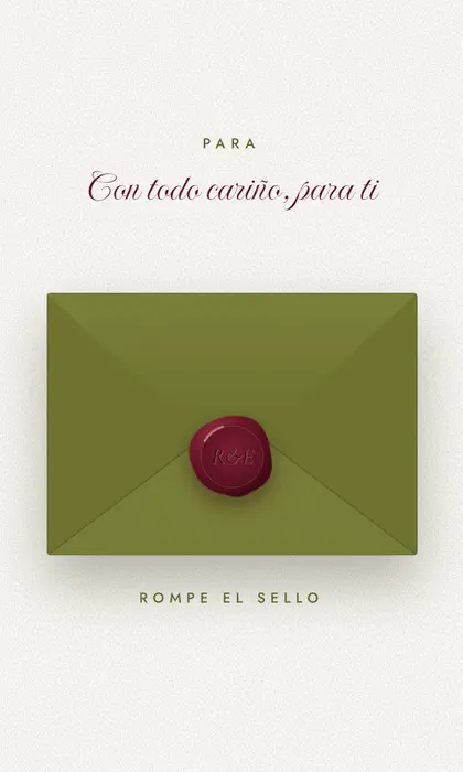 Invitación digital de boda Olivo y Vino: sobre verde olivo cerrado con lacre color vino