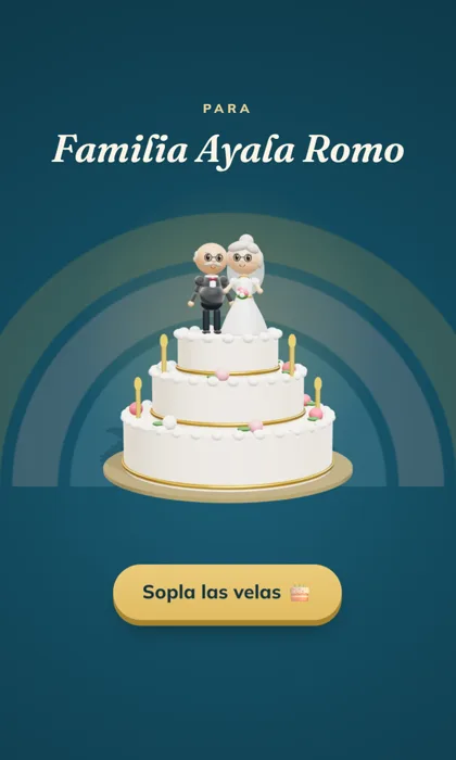 Invitación digital de bodas de oro: un pastel de tres pisos con los novios arriba, ya con canas y lentes, sobre fondo azul petróleo