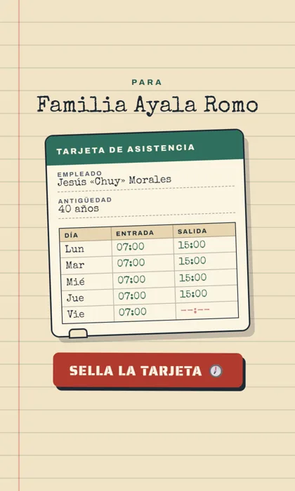 Invitación digital para fiesta de jubilación: una tarjeta de checar de oficina sobre papel rayado, lista para el último sello