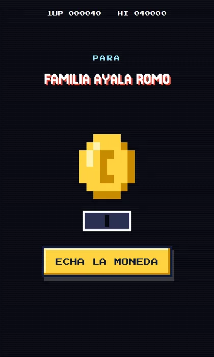 Invitación digital estilo videojuego retro: pantalla negra de maquinita con una moneda dorada de pixeles y el letrero de echa la moneda