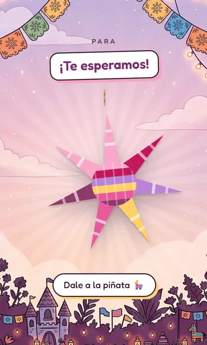 Invitación digital de cumpleaños de niña con piñata rosa en un jardín con foquitos