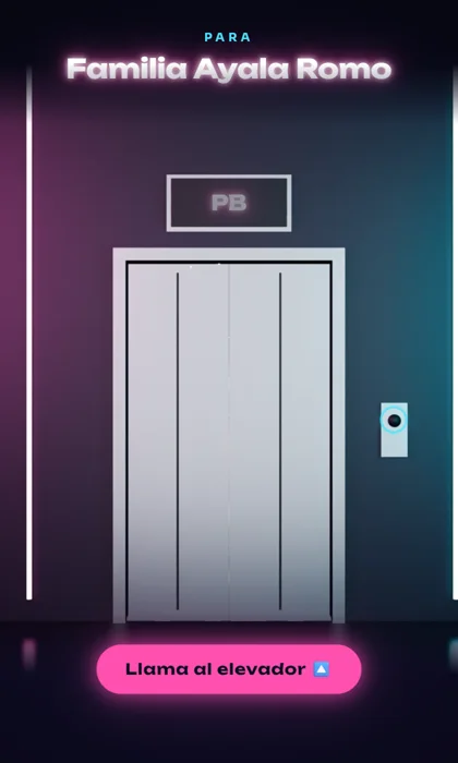 Invitación digital para fiesta de 18 años: un elevador con luces de neón rosa y azul, el indicador de piso y el botón «Llama al elevador»