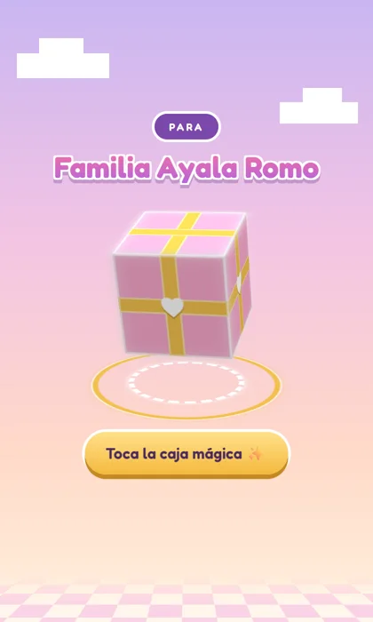 Invitación digital de princesa en 3D: una caja de regalo rosa con listón de oro, girando sobre un cielo pastel