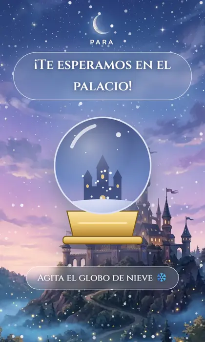 Invitación digital de cumpleaños de princesa con globo de nieve y palacio nevado