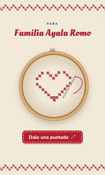 Invitación digital para los 70 años de la abuela, bordada en punto de cruz: un bastidor de madera con un corazón rojo a medio bordar, la aguja con hilo y el botón «Dale una puntada»