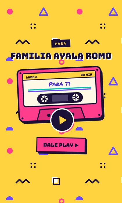 Invitación digital retro de los 80 y 90: un casete rosa sobre fondo amarillo con figuritas de colores, y la tecla de play para abrirla