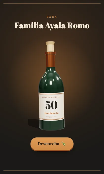Invitación digital elegante para los 50 años: una botella verde de reserva especial con corcho, etiqueta crema con el número 50 y fondo oscuro de cava