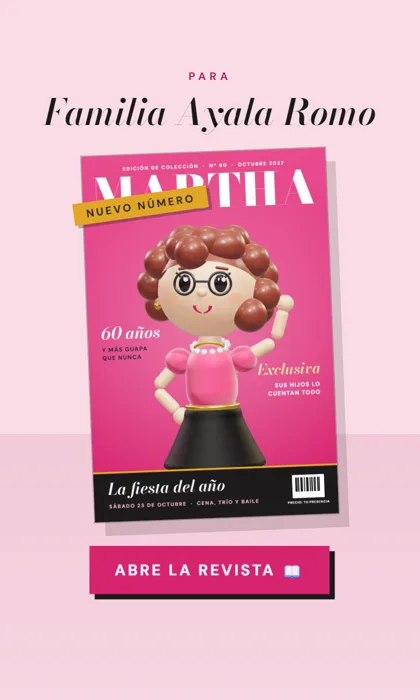 Invitación digital tipo portada de revista: una revista rosa llamada Martha, con la festejada en la portada y el cintillo de nuevo número