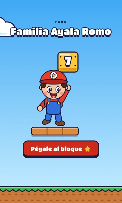 Invitación digital de cumpleaños estilo videojuego de plataformas: un niño de gorra roja y overol azul bajo un bloque amarillo con el número 7, y el botón «Pégale al bloque»