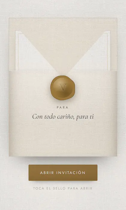 Invitación digital de XV años Marfil y Oro: sobre de papel con sello de lacre dorado