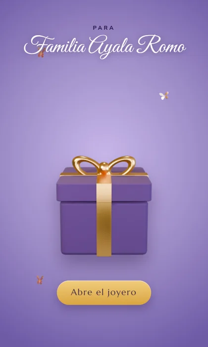 Invitación digital de XV años en 3D: un joyero de terciopelo morado con moño dorado sobre fondo lila, con mariposas alrededor y el botón «Abre el joyero»