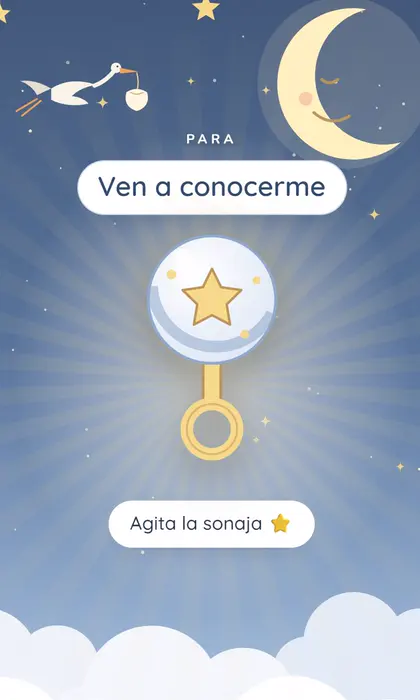 Aviso digital de nacimiento con sonaja, luna, estrellas y cigüeña