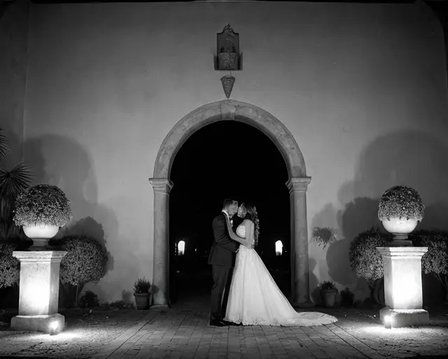 Regina y Emilio bajo el arco de Casa Olivo, de noche