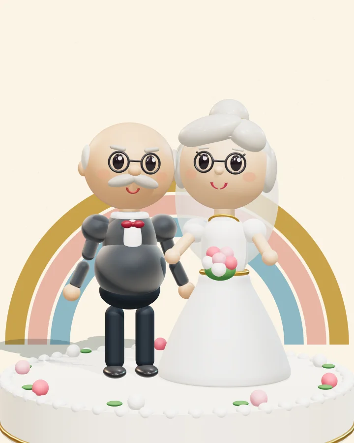 Lupita y Ramón hoy, como los novios del pastel: él de traje, con lentes y bigote blanco; ella de blanco, con su chongo plateado