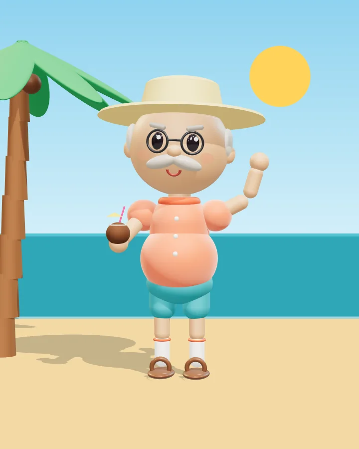 Don Chuy hoy, jubilado: camisa de playa, sombrero de palma y un coco en la mano, frente al mar